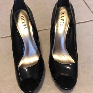 Patten lather black open toed stilettos